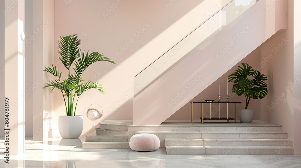 Modern American entrance hall in blush pink, with a minimalist staircase and luxurious furnishings. Modern American entrance hall in blush pink, with a minimalist staircase and luxurious furnishings.