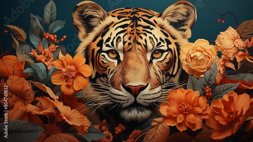 Stunning Tiger Surrounded by Vibrant Orange Flowers.