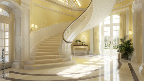 Modern American entrance hall in pale lemon  featuring a curved staircase and elegant lighting.