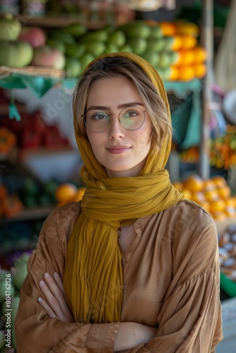 Middle eastern woman in turban shopping for healthy groceries  diversity and lifestyle concept photo
