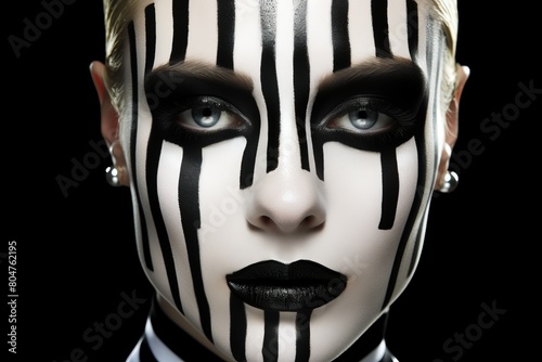 Bold black and white striped face paint design on a womans face  with intricate details against a dark background  creating a visually captivating and unique makeup look.