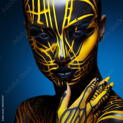 Female model as living canvas with yellow and black stripes  captivating illusion on face and body. Celebrates transformative power of makeup and body art  empowering unique identities.