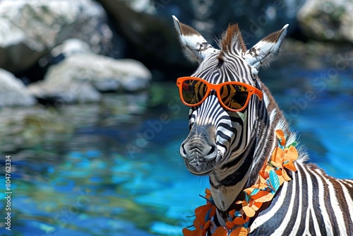 Stylish zebra flaunting vibrant hawaiian shirt and trendy orange sunglasses for a cool look