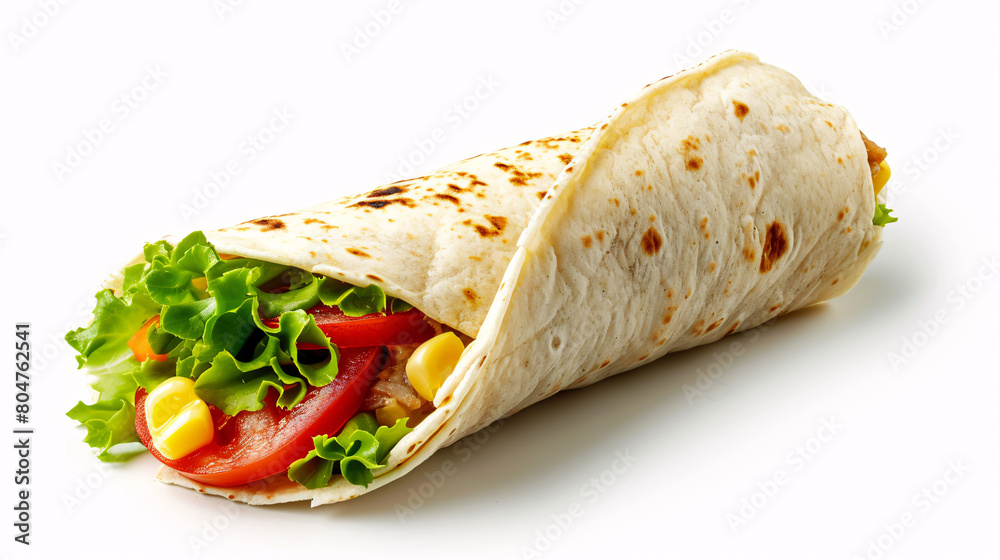 Tortilla wrap with meat, cheese and vegetables isolated on white Tortilla wrap with meat, cheese and vegetables isolated on white