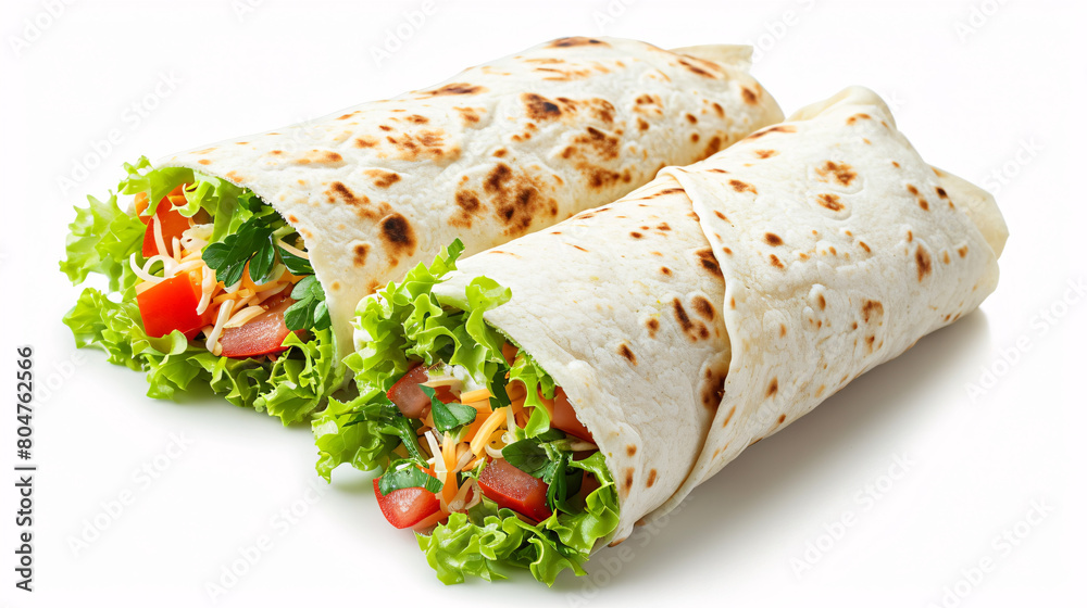 Tortilla wrap with meat, cheese and vegetables isolated on white Tortilla wrap with meat, cheese and vegetables isolated on white