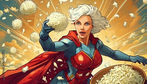 Die Superheldin Sauerkrautfrau umgeben von vitaminreichem Sauerkraut. Comic.