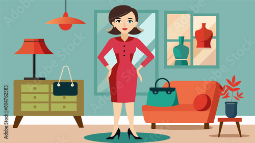 An interior designer proudly showcases her chic apartment boasting about the unique and luxurious finds she has discovered at her goto designer. Vector illustration