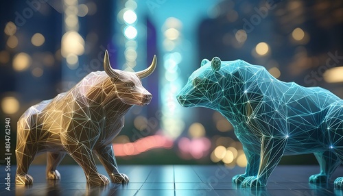 DIe Tiere der Börse Stier und Bär stehen sich an der Börse leuchtend gegenüber. photo