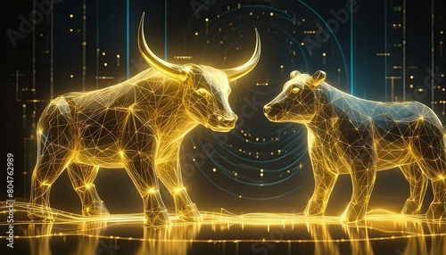 DIe Tiere der Börse Stier und Bär stehen sich an der Börse leuchtend gegenüber. photo