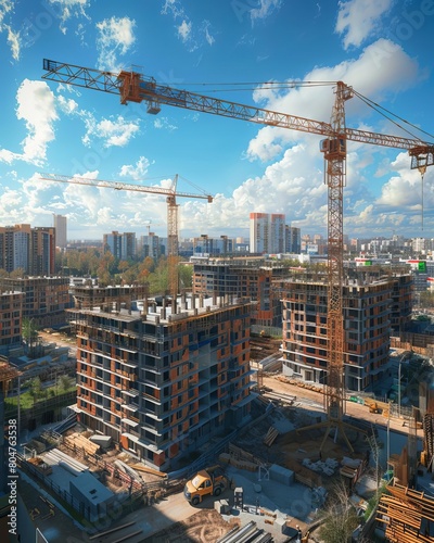 View of a large construction site with buildings under construction and multistorey residential homesTower cranes in action on blue sky background Housing renovation concept Crane