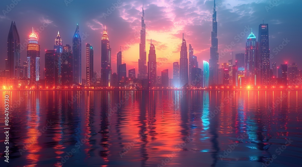 A vibrant and futuristic cityscape of Dubai at night, illuminated by neon lights with skyscrapers reflecting in the water.,3d render, high resolution digital art with bokeh blur effect A vibrant and futuristic cityscape of Dubai at night, illuminated by neon lights with skyscrapers reflecting in the water.,3d render, high resolution digital art with bokeh blur effect