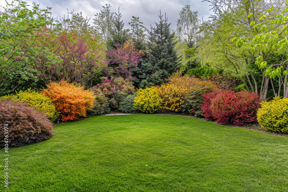 Spring garden with a symphony of colorful shrubs and a pristine grass circle, captured in high-definition, no people Spring garden with a symphony of colorful shrubs and a pristine grass circle, captured in high-definition, no people