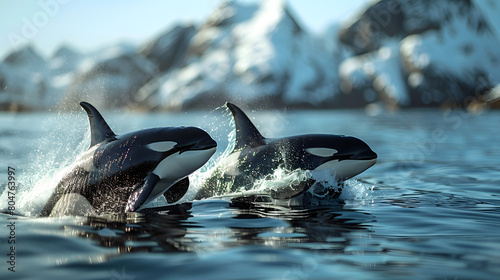  an orca whale emerges powerfully from the chilly waters, creating a dynamic interplay of movement and light.