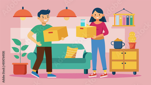 A young couple moving into their first apartment and furnishing it with unique pieces from the thrift store chains latest store grateful for the. Vector illustration