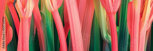 Abstract illustration of colorful rhubarb stalks in shades of pink, red, and green. Perfect for culinary presentations, modern art projects, and vibrant print designs photo