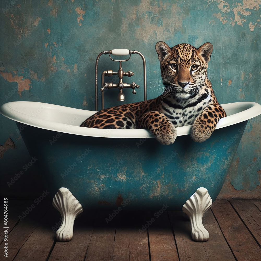 Bath Time Bliss: Cute Smiling Jaguar Relishing a Soapy Soak in a Retro Tub