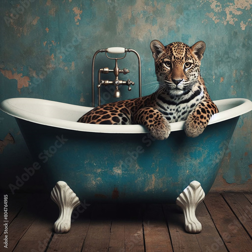 Obraz na płótnie Bath Time Bliss: Cute Smiling Jaguar Relishing a Soapy Soak in a Retro Tub w salonie