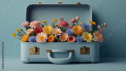  Pastel Spring & Summer Flower Filled Suitcase: Creative Lifestyle, Self-Care, Travel Concept - 3D Render for Lifestyle Blogs, Travel Magazines, Wellness Websites