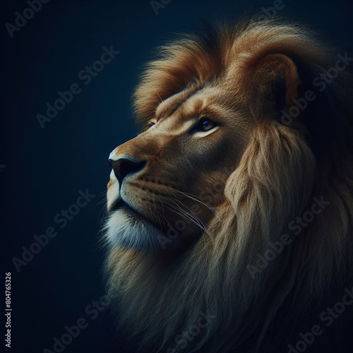 Minimalist Majesty  Majestic Lion Portrait Against a Deep Blue Canvas