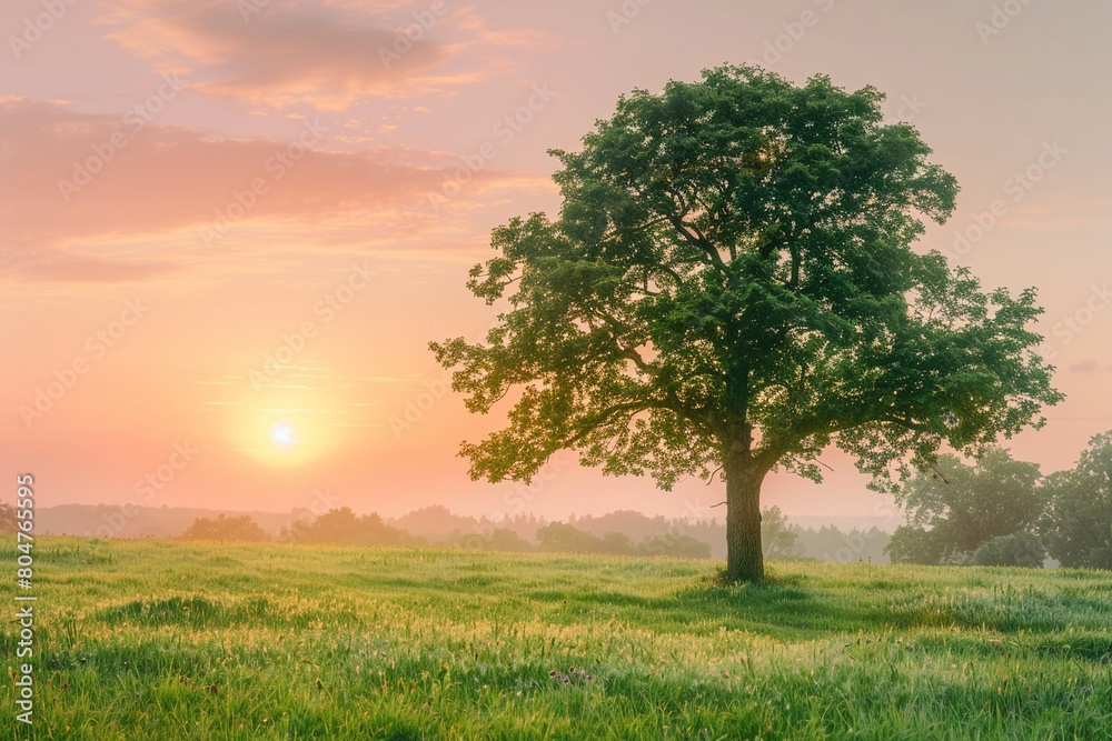 A tranquil scene of a fresh green grass field under a soft pink and orange sunrise, with a single oak tree standing prominently, its leaves shimmering in the light.