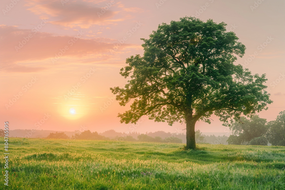 Obraz premium A tranquil scene of a fresh green grass field under a soft pink and orange sunrise, with a single oak tree standing prominently, its leaves shimmering in the light.