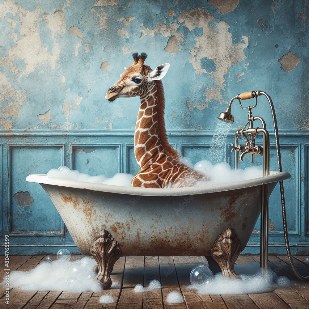 Bath Time Bliss: Cute smiling giraffe enjoying soaking soap in an old bathtub