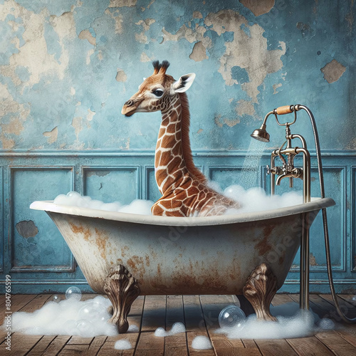 Obraz na płótnie Bath Time Bliss: Cute smiling giraffe enjoying soaking soap in an old bathtub w salonie