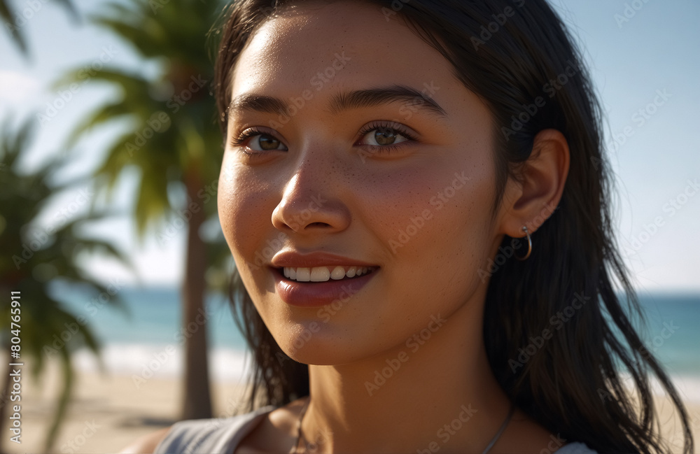 Portrait Photo. A Young Asian Woman Smiling on the Beach on a Hot Summer Day.