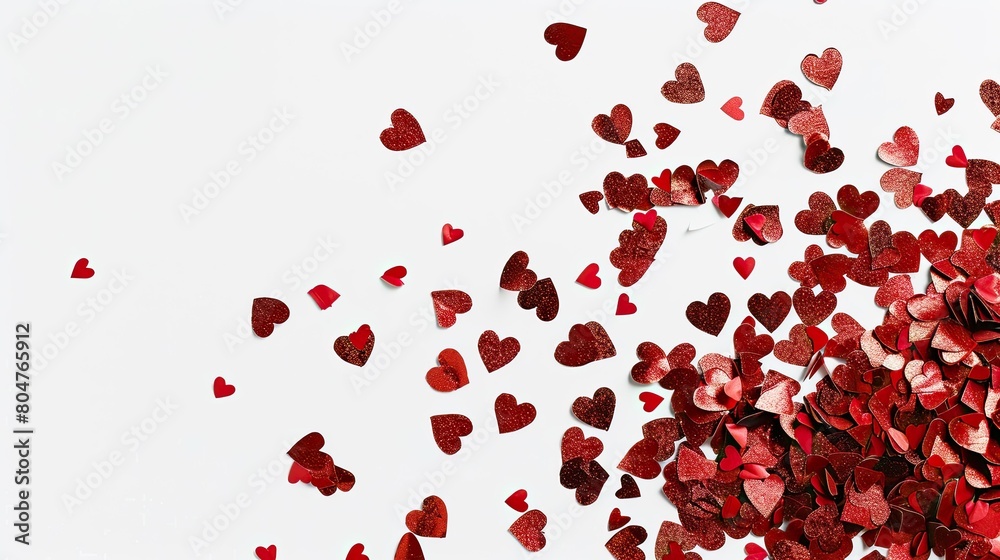 Celebrate Valentine s Day with red heart shaped confetti scattered on a crisp white background Celebrate Valentine s Day with red heart shaped confetti scattered on a crisp white background