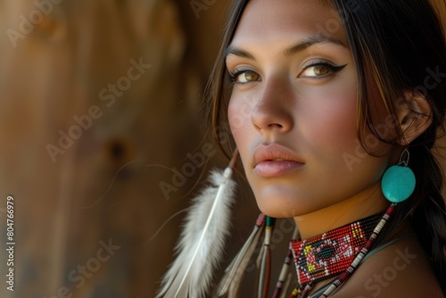 Radiant Beautiful native american woman cute portrait. Shaman spirit classic studio people. Generate Ai photo