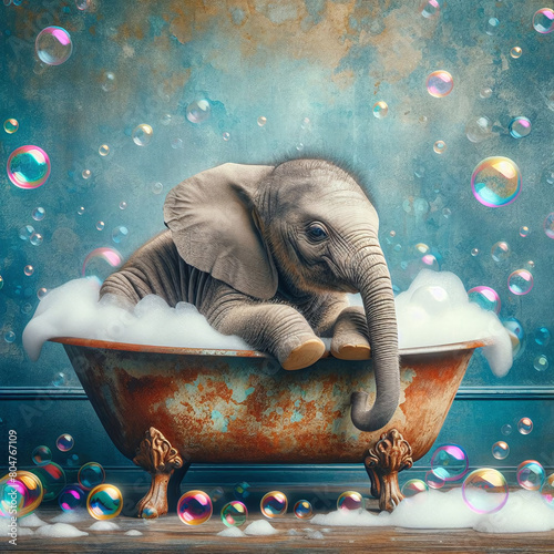 A Young Elephant’s Bubble Bath Adventure in a Classic Bathtub, Relaxation Time, Vintage Bathtub Bliss © yahya