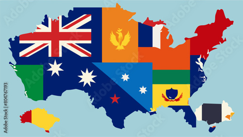 A striking testament to the diversity and unity of the nation with flags representing various states territories and eras.. Vector illustration