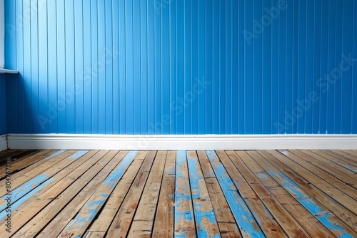 Blue and white vintage wall backdrop with copy space  room mockup  brown parquet floor