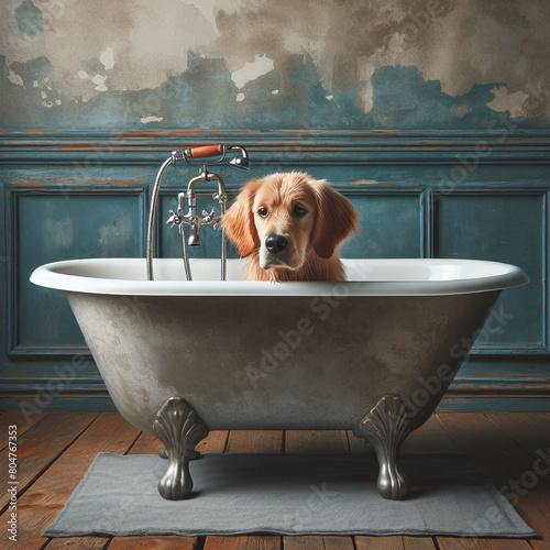 Dog Puppy’s  Vintage Bath Time: Bubble Bliss in an Old-fashioned Bathtub © yahya