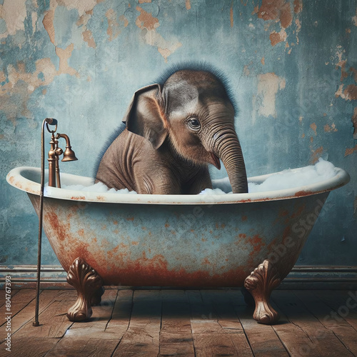A Young Elephant Inside A Large, Old-fashioned Bathtub Against A Distressed Blue wall, Relaxation Time, Vintage Bathtub Bliss © yahya
