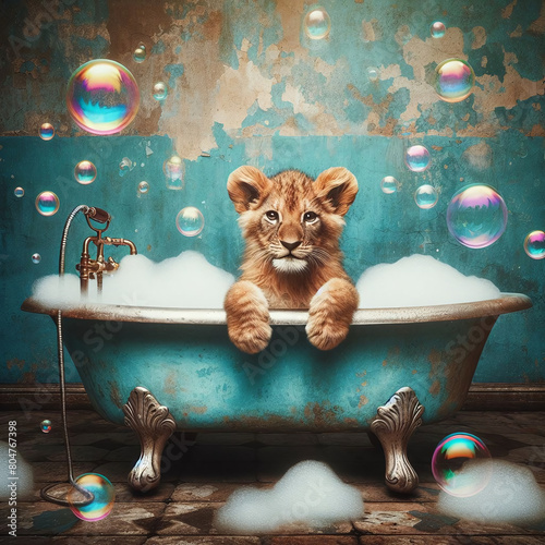 Bath Time Bliss: Cute Smiling  Lion Relishing a Soapy Soak in a Retro Tub © yahya