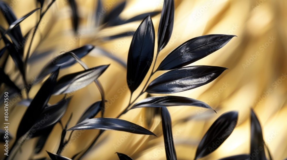 Close-up of shiny black leaves with a golden blurred background Close-up of shiny black leaves with a golden blurred background