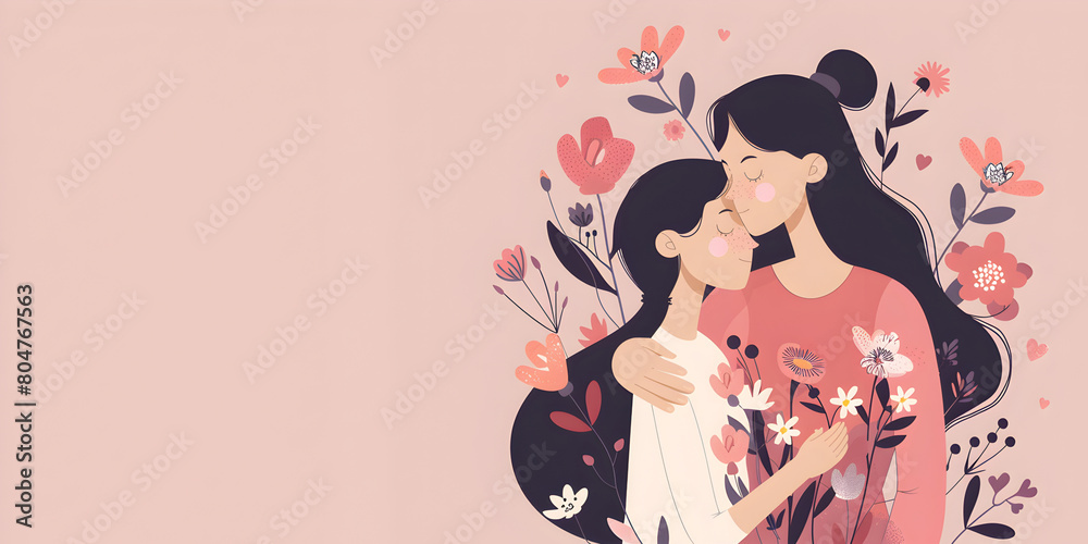 Mothers day flat illustration with a young mother, hugging her daughter on flowers background, Cute cartoon characters, pastel colors. Holiday family concept in vector style with copy space.