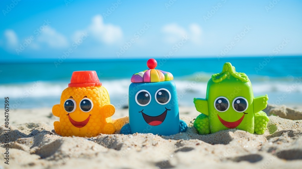 Obraz premium Colorful kid toy characters in the sand on a summer beach, ocean background behind