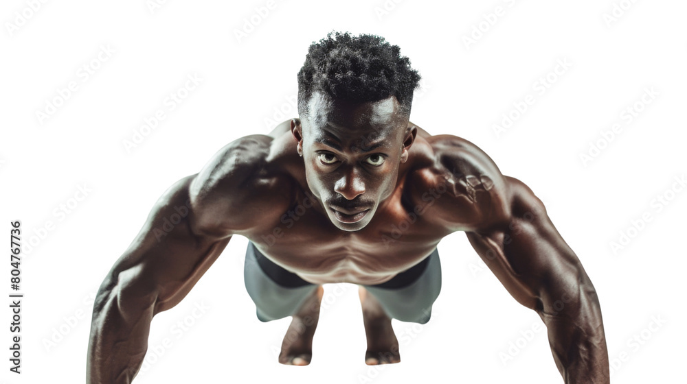 Young athletic black man doing push-ups on white background. Muscular and strong guy exercising Young athletic black man doing push-ups on white background. Muscular and strong guy exercising