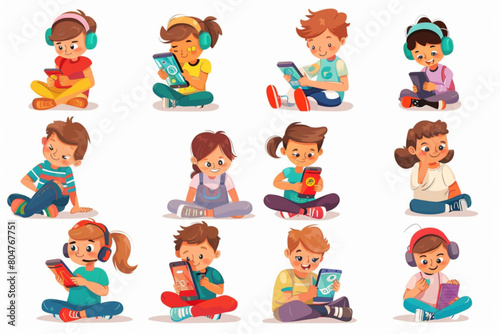 Child play phone. Kid using mobile for game vector. Boy and girl children addict with smart electronic gadget. Baby gamer holding technology for texting  education and watching video illustration set 