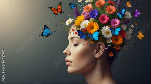  Female with Flowers and Butterflies, Positive Thinking, Creative Mind, Self Care, and Mental Health - Wellness Blogs, Mental Health Campaigns, Self Improvement Materials, Positive Psych photo