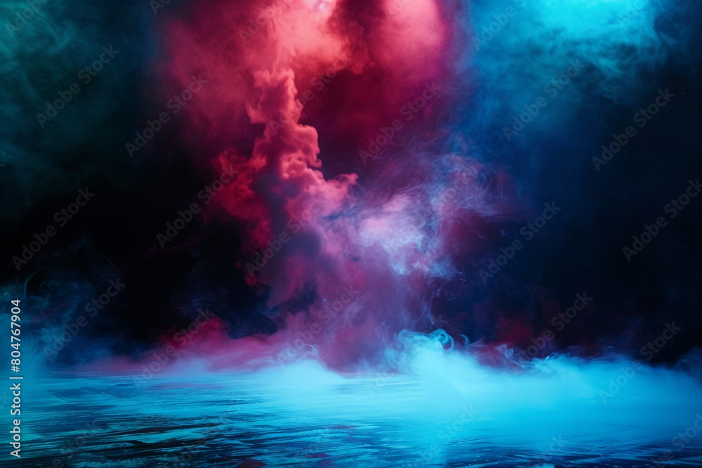 A stage enveloped in rich burgundy smoke illuminated by a cyan blue spotlight, casting a luxurious, dramatic atmosphere.