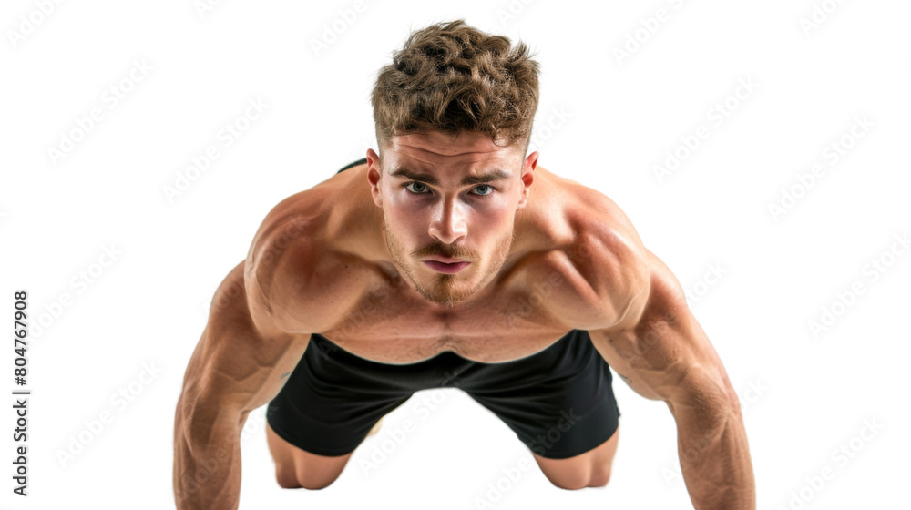 Young athletic man doing push-ups on white background. Muscular and strong guy exercising Young athletic man doing push-ups on white background. Muscular and strong guy exercising