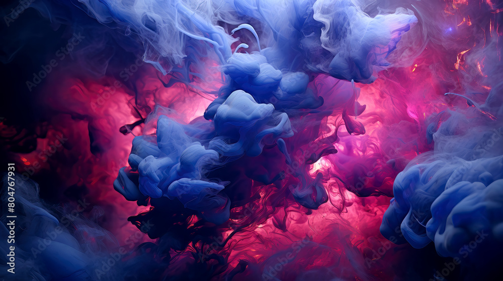 Blue red smoke flowing in a cloud, abstract colorful swirls, dynamic ethereal colored mist