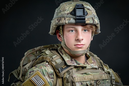 Close up portrait of fatigued soldier, showing weary warrior with tired expression photo