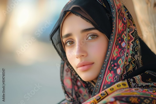 Graceful Beautiful Saudi girl sitting in studio armchair. Arabian female model in silk traditional clothes. Generate ai photo