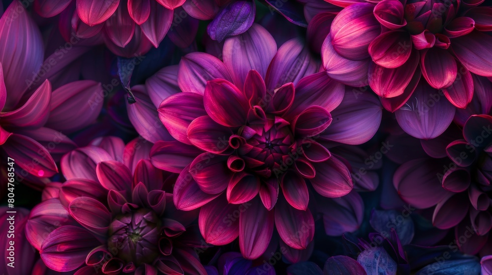 A vibrant close-up of layered magenta dahlias under moody lighting. A vibrant close-up of layered magenta dahlias under moody lighting.