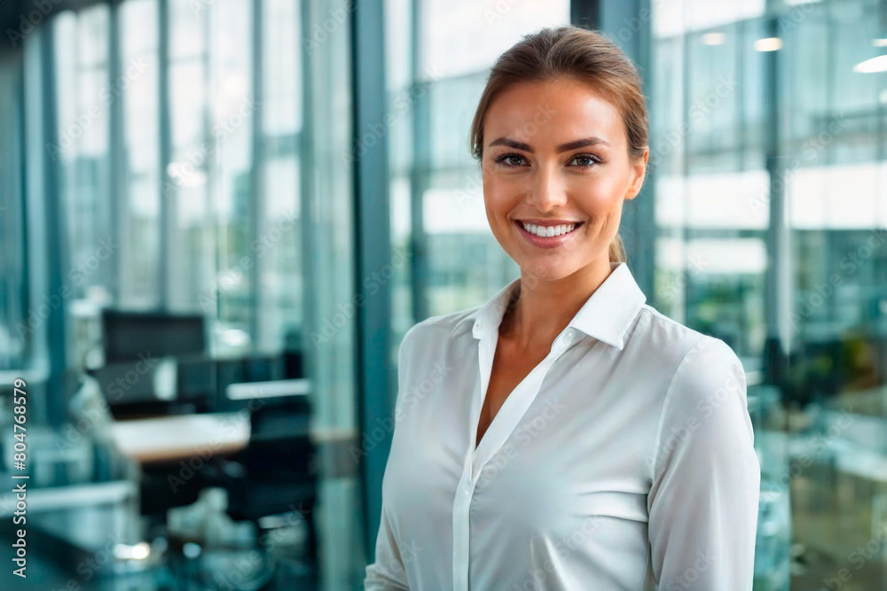 Young secretary smiling at camera, in a business environment. AI Generated Young secretary smiling at camera, in a business environment. AI Generated
