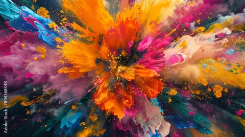 Dynamic abstract painting with splashes of vivid colors and gold sparks.